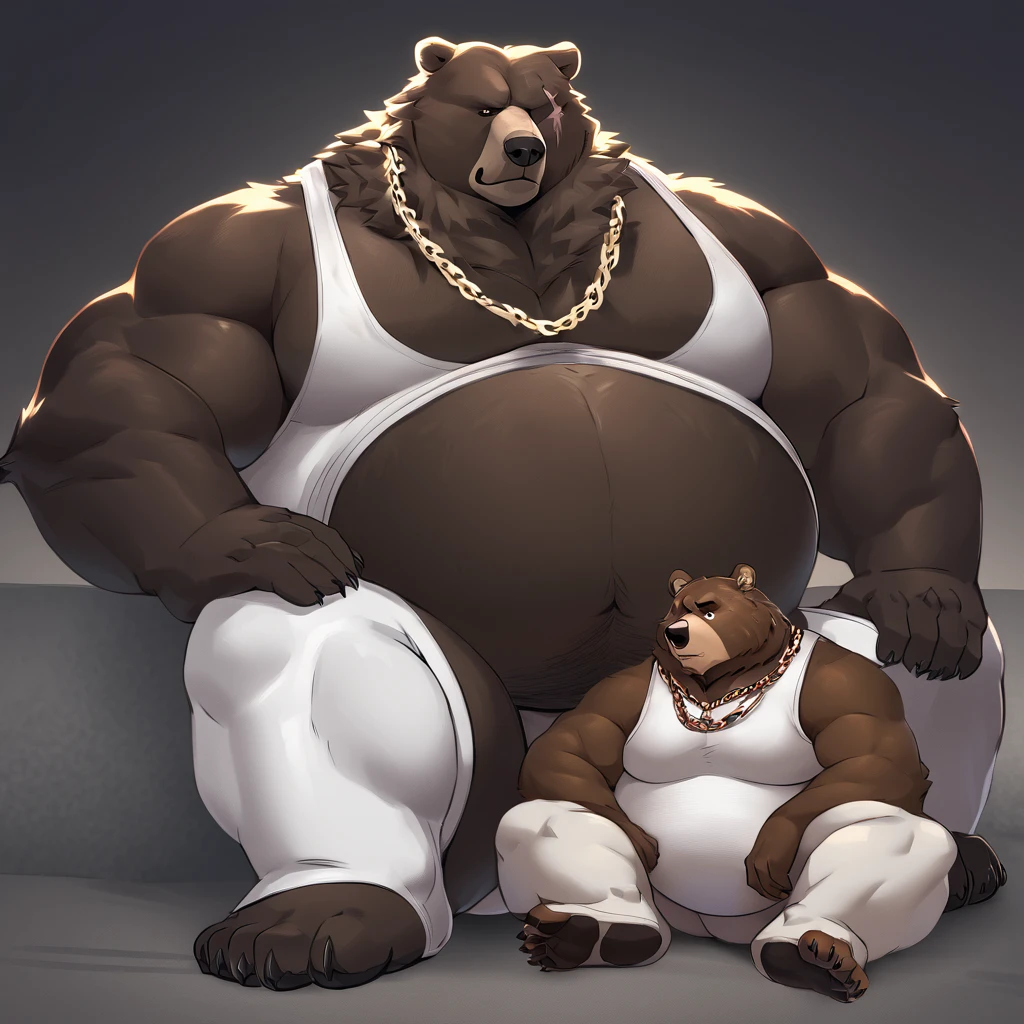 ben,chain necklace,bear,brown fur,animal ears,black eye,muscular male,furry,muscular,stomach,belly,scar,white clothing,white tank top,white legwear,neutral expression,[slightly chubby, musclegut],dominant male,full-length portrait,