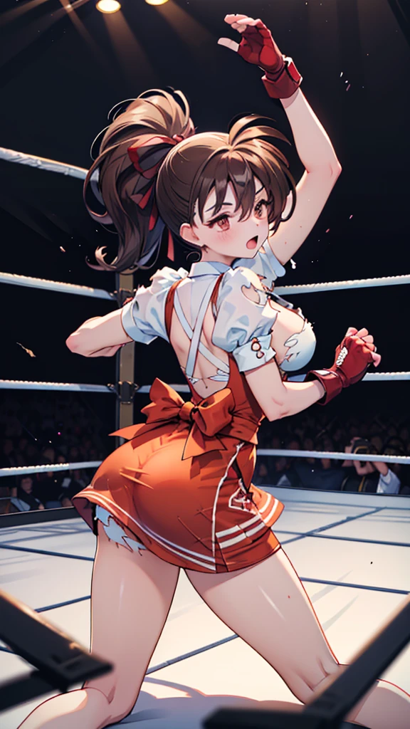 Highest quality，masterpiece，lean back，Fall down，sleep，(レスリングのリングにlean back, WWE Divas，Wrestling Arena，Wrestling ring background, Boxing ring background), Facing forward, Lack of stamina, Ryona, Hitting a girl, death is near，タケユカ 超ロングヘア ヘアribbon, Frilled shirt, Underbust, ribbon, Fingerless gloves, White gloves, Waist apron, Orange Skirt, socks, Toeless legwear，winner, Nice, winner, (Moaning , Open your mouth), ((, Facing forward, lean back，Torn clothes，Torn clothes，　Tattered clothes，sleep, lose consciousness, Unconscious, )), , ( Tilt your head),
