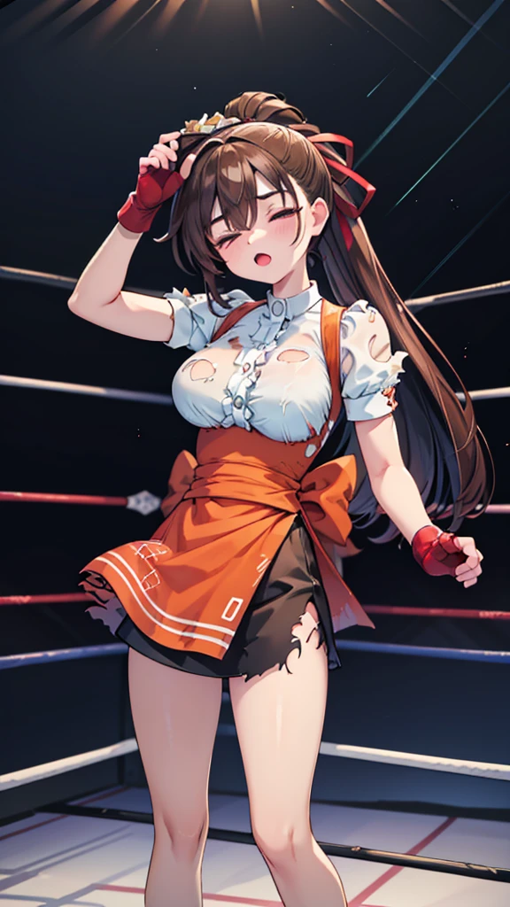 Highest quality，masterpiece，lean back，Fall down，sleep，(レスリングのリングにlean back, WWE Divas，Wrestling Arena，Wrestling ring background, Boxing ring background), Facing forward, Lack of stamina, Ryona, Hitting a girl, death is near，タケユカ 超ロングヘア ヘアribbon, Frilled shirt, Underbust, ribbon, Fingerless gloves, White gloves, Waist apron, Orange Skirt, socks, Toeless legwear，winner, Nice, winner, (Moaning , Open your mouth), ((, Facing forward, lean back，Torn clothes，Torn clothes，　Tattered clothes，sleep, lose consciousness, Unconscious, )), , ( Tilt your head),
