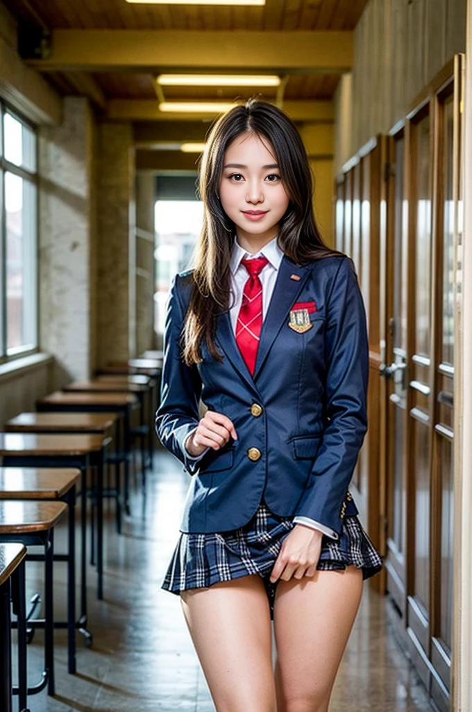 ((masterpiece)),(((best quality))),thin thighs,long legs,girl standing in school,red tie uniform,dark blue blazer,blue plaid skirt,18 years old,forehead,small smile,random pause，Pretty Woman，slim girl，