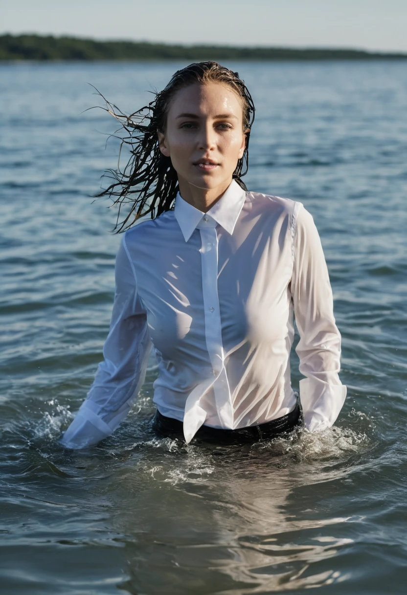 perfect photo of a Caucasian woman (emerging out of water:1.3) wearing (wet office shirt:1.2), long sleeves, (swimming in ocean) (only head and shoulders over water:1.4), partially submerged, (black bra visible through shirt:1.2), photographed on a Fujifilm XT3, 80mm F/1.7 prime lens, cinematic film still, cinestill 500T, highly detailed, masterpiece, highest quality, intricately detailed, HDR, 8k, uhd, photorealistic
