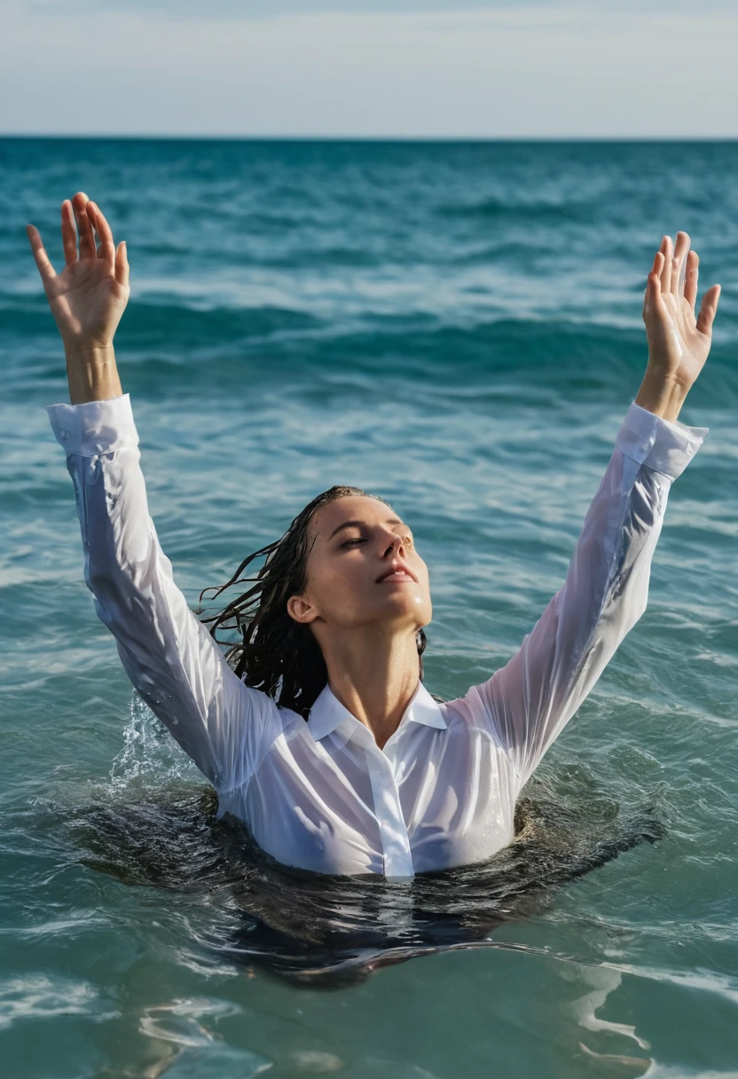 (wet situation), perfect photo of a beautiful blonde woman, (wet hair:1.3), (emerging out from water:1.3), proudly wearing her (wet blue satin shirt:1.3) buttoned to the top, with (long sleeves that extends to her wrists), as she plays with the buttons on her shirt, (in ocean), (only head and shoulders visible on the water:1.4), partially submerged, kinkily smiling at viewer with an (aroused expression from being soaking wet), photographed on a Fujifilm XT3, 80mm F/1.7 prime lens, cinematic film still, cinestill 500T, highly detailed, masterpiece, highest quality, intricately detailed, HDR, 16k, uhd, photorealistic