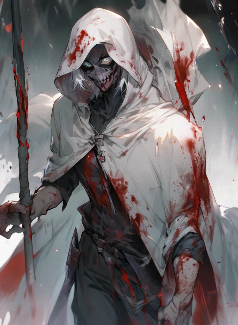 male warlock dnd, undead body, wearing a bloodstained white hood cloak with a blood