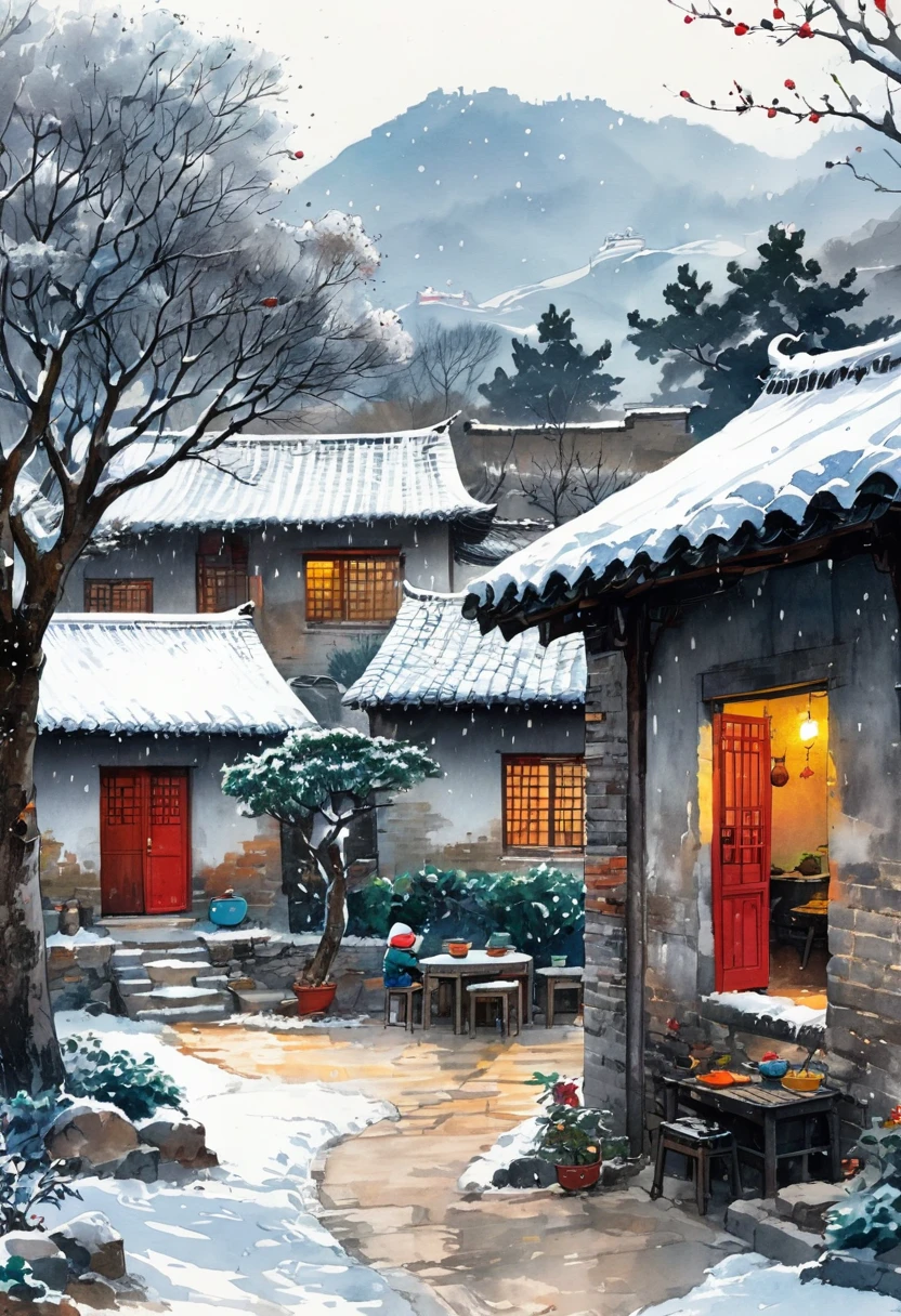 Ink Painting：China 70s，winter，heavy snow，Village courtyard，Warm home，patio，chimney，Tree，The Trail，Water tank in the yard，Happy little ones