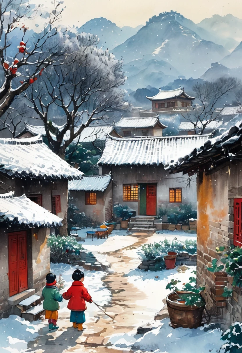 Ink Painting：China 70s，winter，heavy snow，Village courtyard，Warm home，patio，chimney，Tree，The Trail，Water tank in the yard，Happy little ones