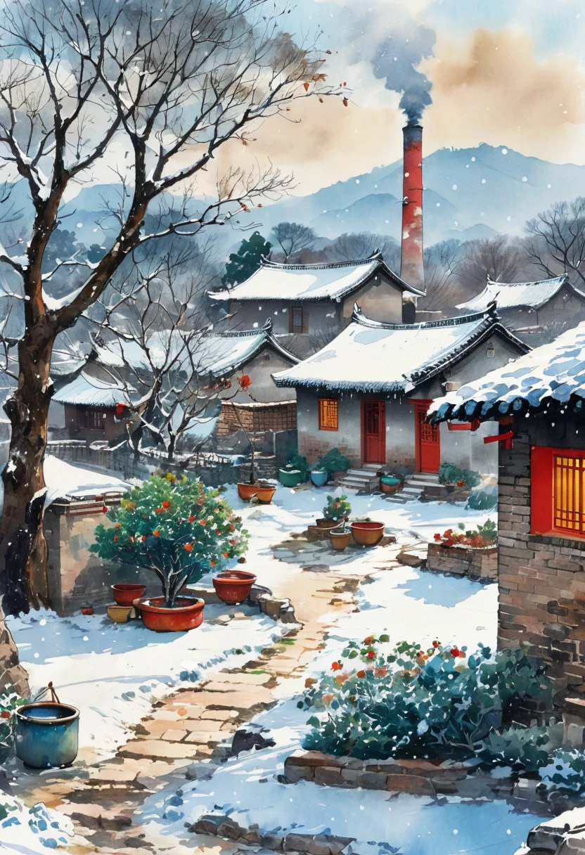 Ink Painting：China 70s，winter，heavy snow，Village courtyard，Warm home，patio，chimney，Tree，The Trail，Water tank in the yard，Happy little ones