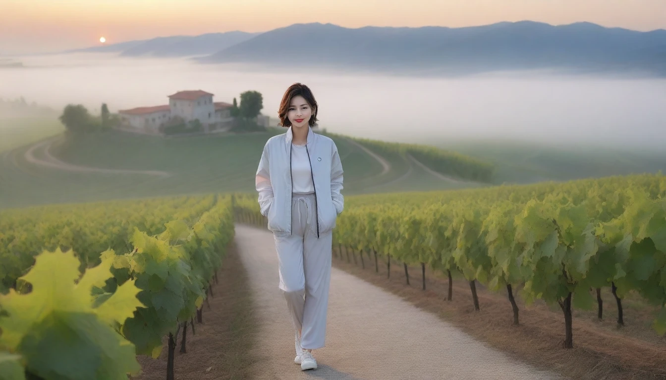 8k realistic, lifelike photo,, 36 year old Korean woman, Short in stature, pretty like a model. High-end luxury brand windbreaker, casual pants, short medium hair, Smiley, Italy. vineyard, thick dawn fog. vineyard 멀리 짙은 안개 속으로 마을이 보인다. 1 woman, Short in stature, Excellent picture quality, The morning fog is thick, The picture quality is alive. 옆면 look up, sunrise red light, A monastery can be seen in the distance, . Smiley, wide angle lens shot, look up, standing on the path