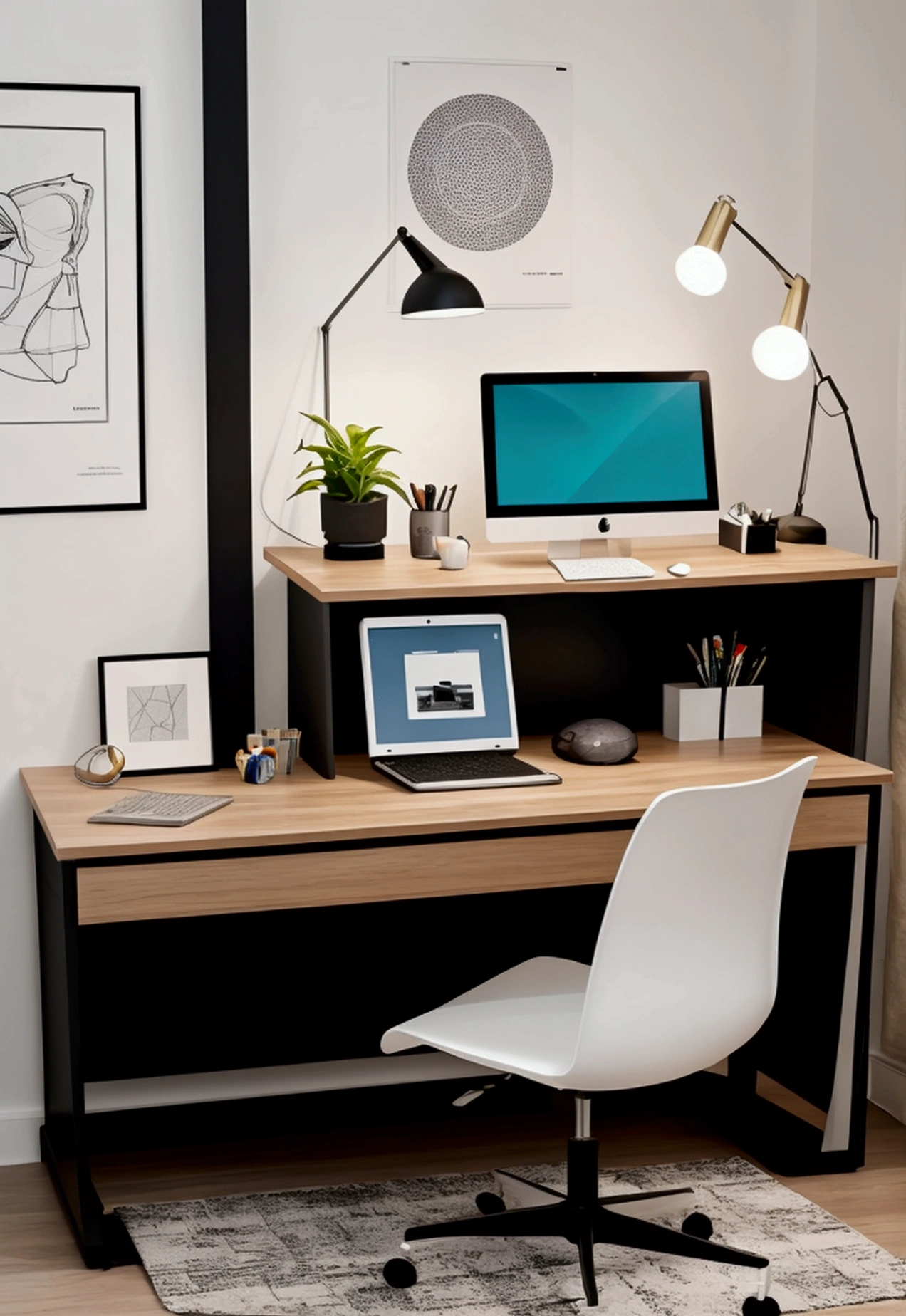 A modern workspace with various design elements being altered. The scene includes a designer's desk with a computer displaying design software, color swatches, and sketches. There are tools like a graphic tablet, mouse, and keyboard. The room has a contemporary feel with stylish furniture, bright lighting, and a minimalist decor. Elements like posters, mood boards, and plants add to the creative atmosphere. The overall mood is dynamic, reflecting ongoing changes and creativity in design.