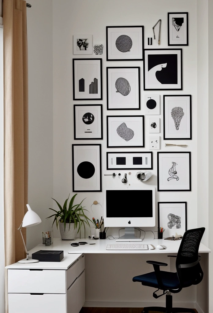 A modern workspace with various design elements being altered. The scene includes a designer's desk with a computer displaying design software, color swatches, and sketches. There are tools like a graphic tablet, mouse, and keyboard. The room has a contemporary feel with stylish furniture, bright lighting, and a minimalist decor. Elements like posters, mood boards, and plants add to the creative atmosphere. The overall mood is dynamic, reflecting ongoing changes and creativity in design.