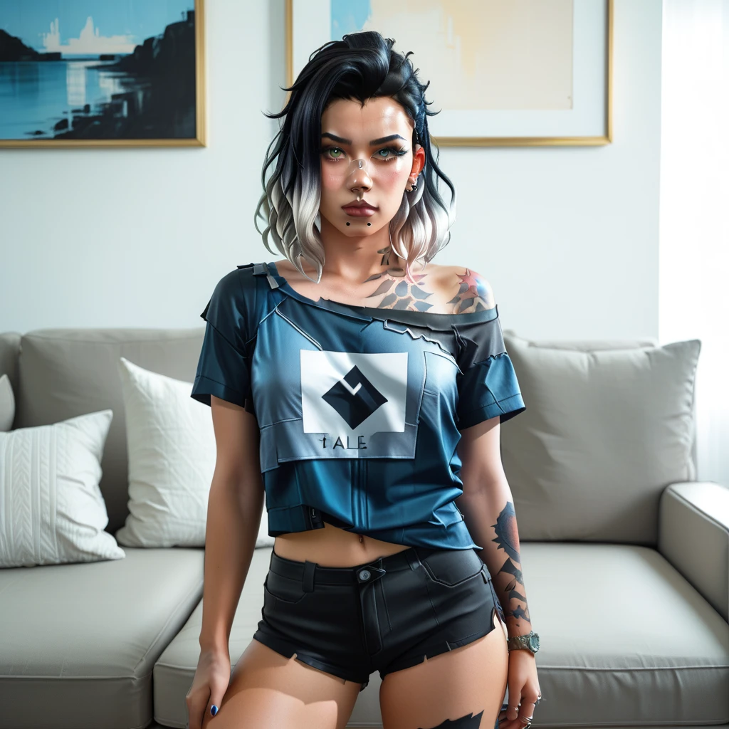 Beautiful picture of fade_valorant, shoulders tattoo, scar on nose, in her living room, black t-shirt, short trousers, 