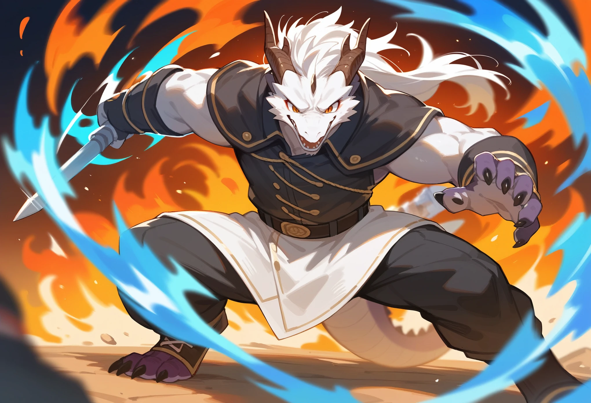 top quality, high-quality illustrations((masterpiece))depth of field, motion blur, absurdres, Perfect Anatomy, magnificent picture of kemono fighting fierce battles, kemono, 1boy, solo focus, Anthro((dramatic))epic, weapon, dynamic pose, One scene of movie,FURRY，dragon