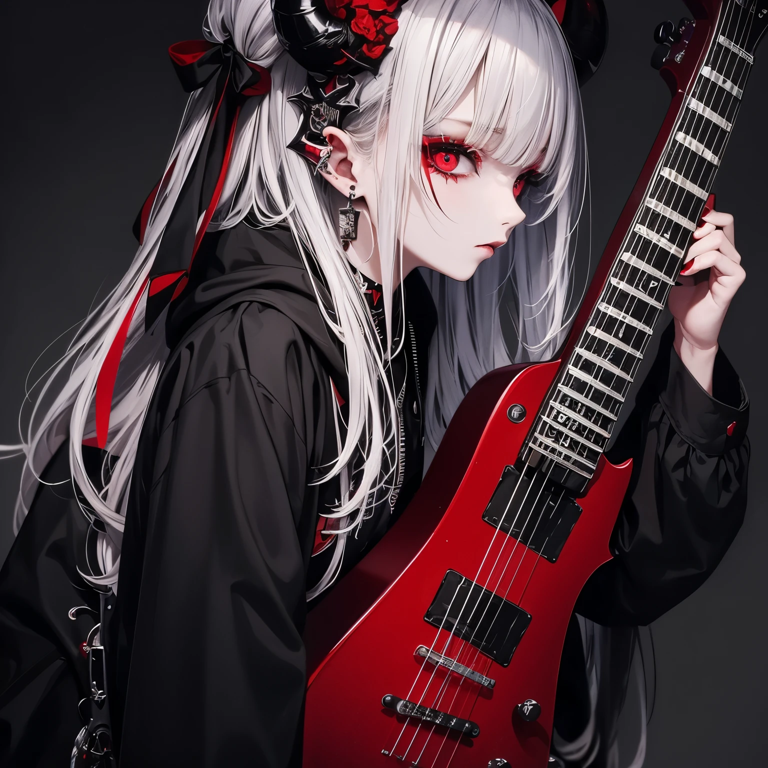(masterpiece), Highest quality, Ultra-high resolution,Devil with a black ribbon、Silver Hair、Red eyes、Black clothing、Prank look、Visual Kei、(Holding a guitar:1.3)、Sick Makeup