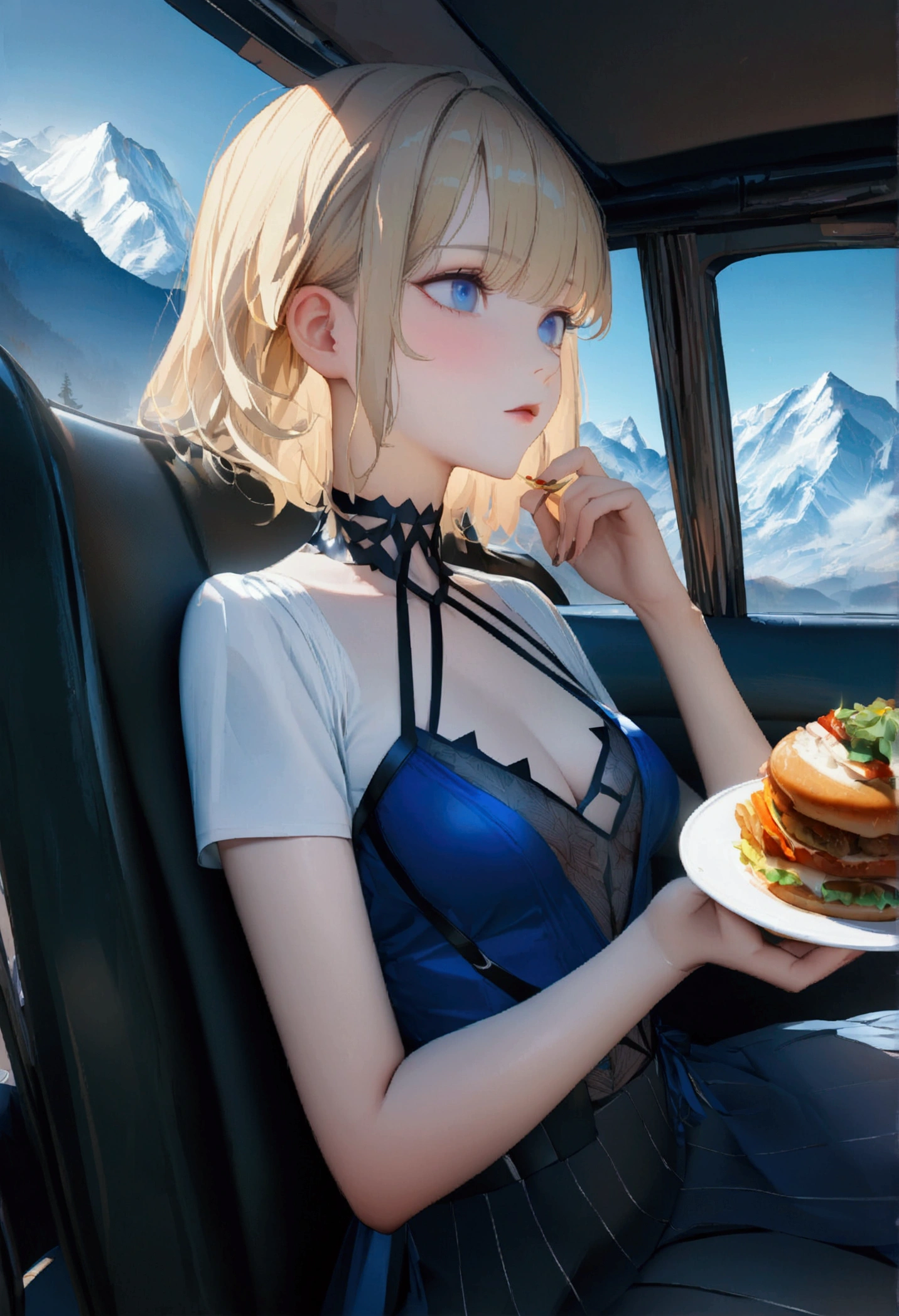 1 girl, (((SOCIAL CLOTHES)), 18-years old, attractive body, Caucasian skin, blue colored eyes, short blonde hair, inside modern car, naturallight, Having lunch at a restaurant in the mountains, Surrealism, high quality, anatomically correct, uhd, 8k, best quality, super detail