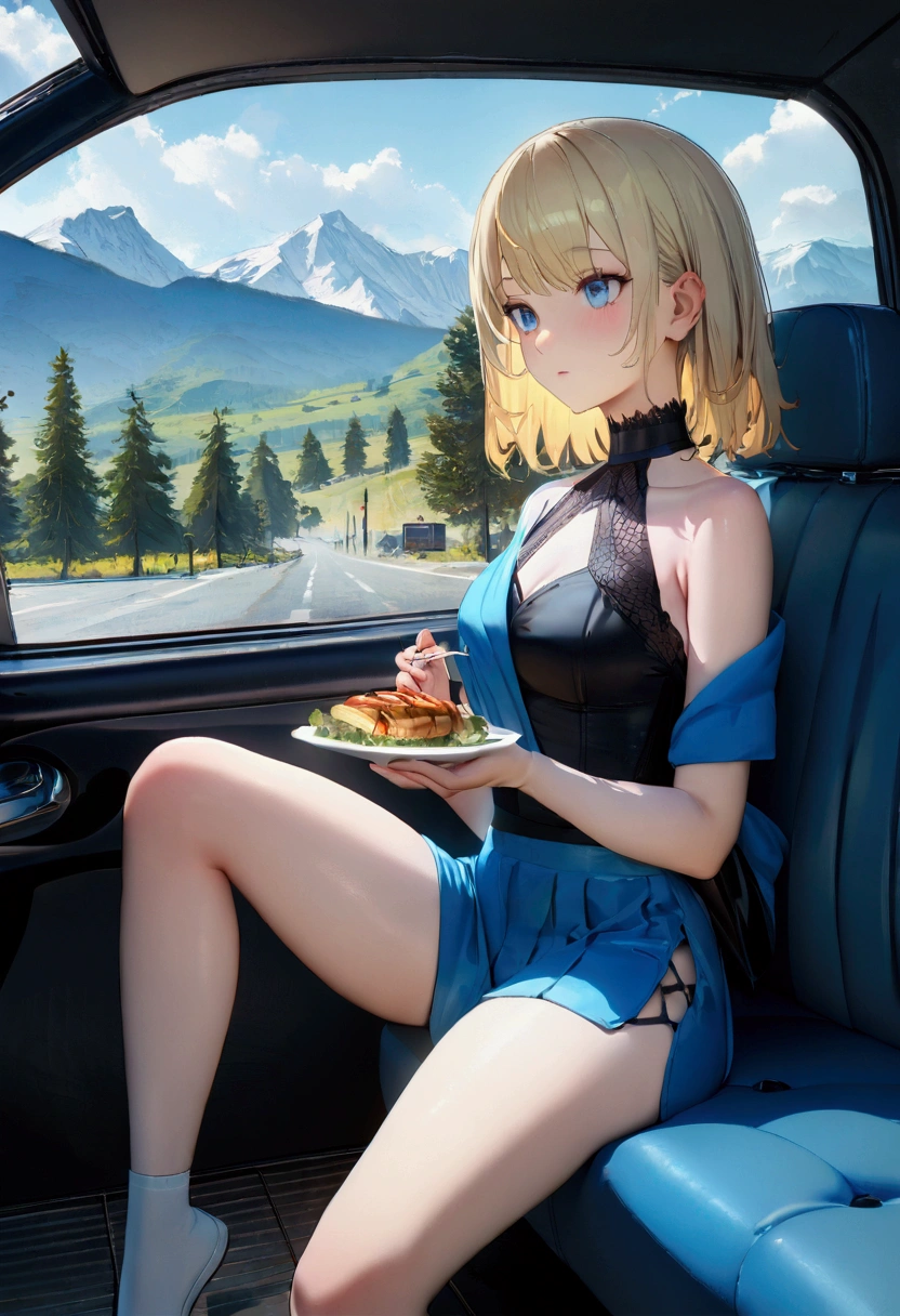 1 girl, (((SOCIAL CLOTHES)), 18-years old, attractive body, Caucasian skin, blue colored eyes, short blonde hair, inside modern car, naturallight, Having lunch at a restaurant in the mountains, Surrealism, high quality, anatomically correct, uhd, 8k, best quality, super detail
