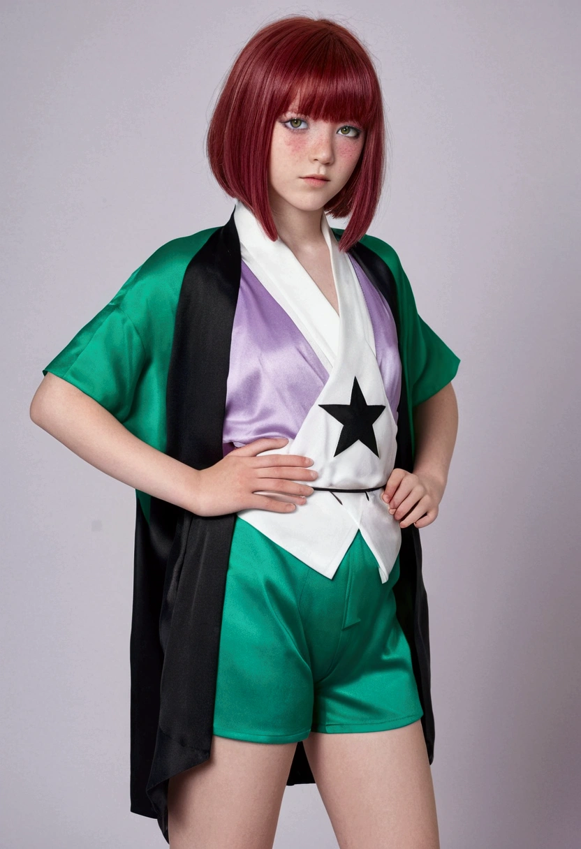 15 year old girl, crimson hair with bangs that cover his left eye, Emerald green right eye and totally white left eye with black star pupil, short lilac kimono, sleeveless, with large decote in the shape of an upside down triangle, scars on parts of the shoulder and legs, big tits and a little wide hips