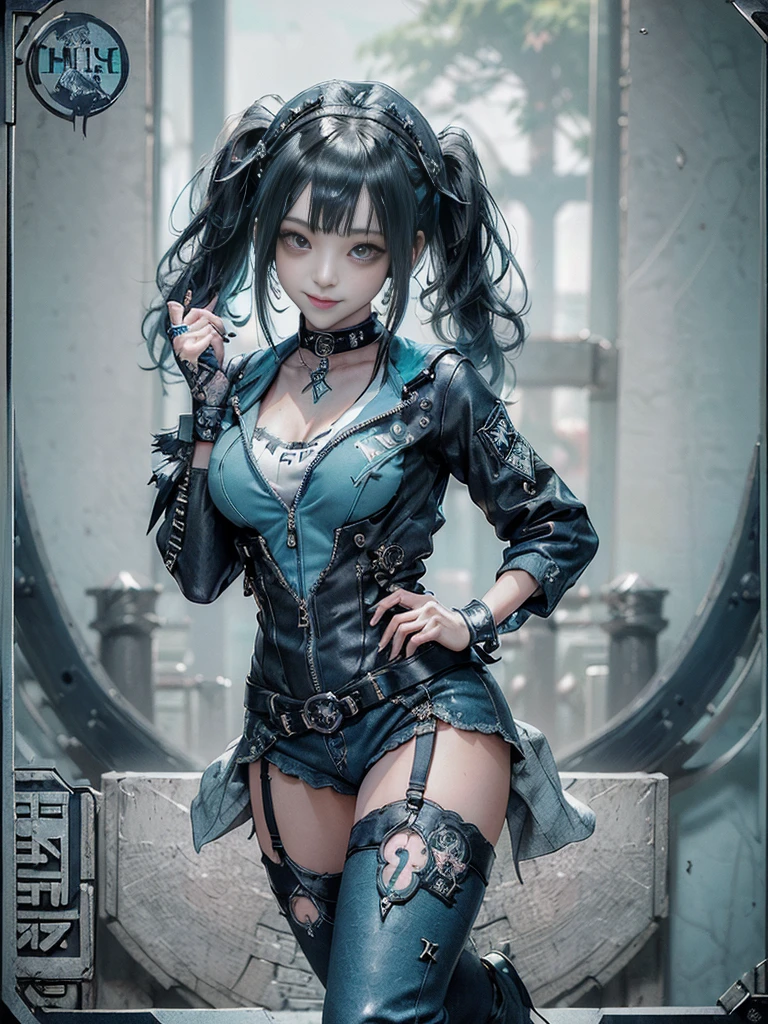 (Full Body View:1.4)、(Full body view:1.4)、(Smiling with teeth showing:1.3),(Shibuya Gal:1.5)、(Maid café clerk:1.5)、(Punk RockVisual Kei:1.4)、(Turquoise, navy and denim medieval noble zip up:1.5)、(Navy and white arm covers and bugle pants:1.5)、(Blue high heels:1.3)、(Wearing silver accessories:1.5)、(Dark brown collar:1.4)、(Leather garter belt:1.4)、(Brown Skin Belt:1.3)、(Black lace underwear:1.5)、20-year-old、NSFW、((Highest quality、In 8K、masterpiece:1.3))、Sharp focus:1.2、(Layered Cut、Huge boobs:1.1),Beautiful woman with perfect figure:1.4、(Doing an aerobics pose:1.3)、Slender Abs:1.2、Highly detailed face and skin texture、Detailed eyes、double eyelid,(Twin tails:1.3)、(Black Hair:1.3)、Gravure idol、(A fairytale-like cafe with a lush tree background:1.3)、(Slim Body:1.3),(Make your legs thinner:1.4),(Thin, thin thighs:1.3)、（clavicle:1.1）