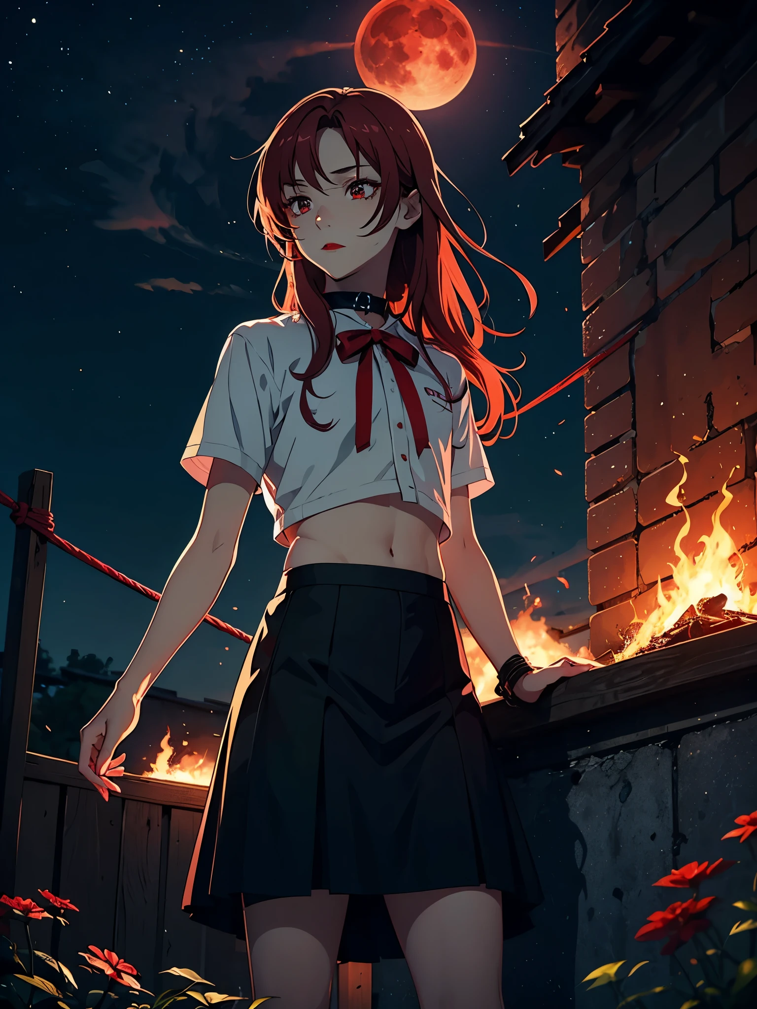 Mehr anime. Bondage. Skirt. Red lipstick. 火. 火rote Haare. Red hair. Red eyeliner. Blood Moon. More anime. male. Long hair. Boy.