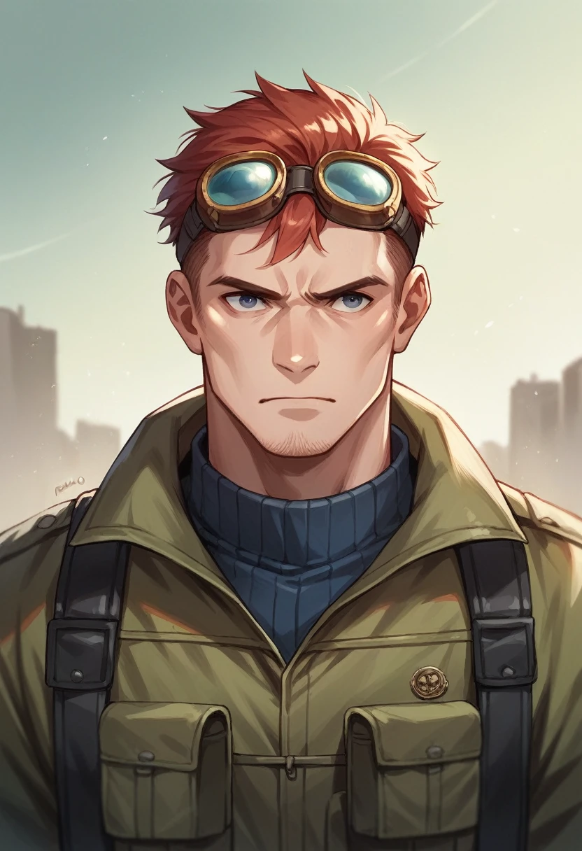 Human Male Adult , hair Style , goggles on head ,soldier outfit , Apocalypse armo