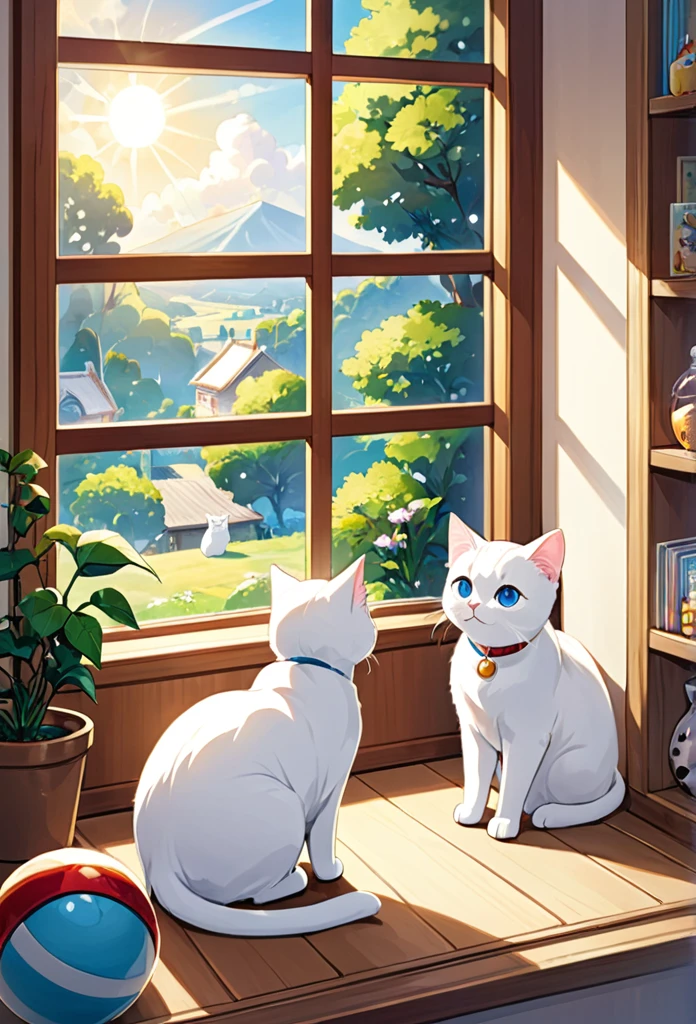 Milk, the white cat, discovers a new world at home despite battling illnesilk sits by the window、He is interested in the scenery outside and the toys his owner brings him.。In a warm room、Please draw Milk as he slowly regains his strength and discovers new joys.。