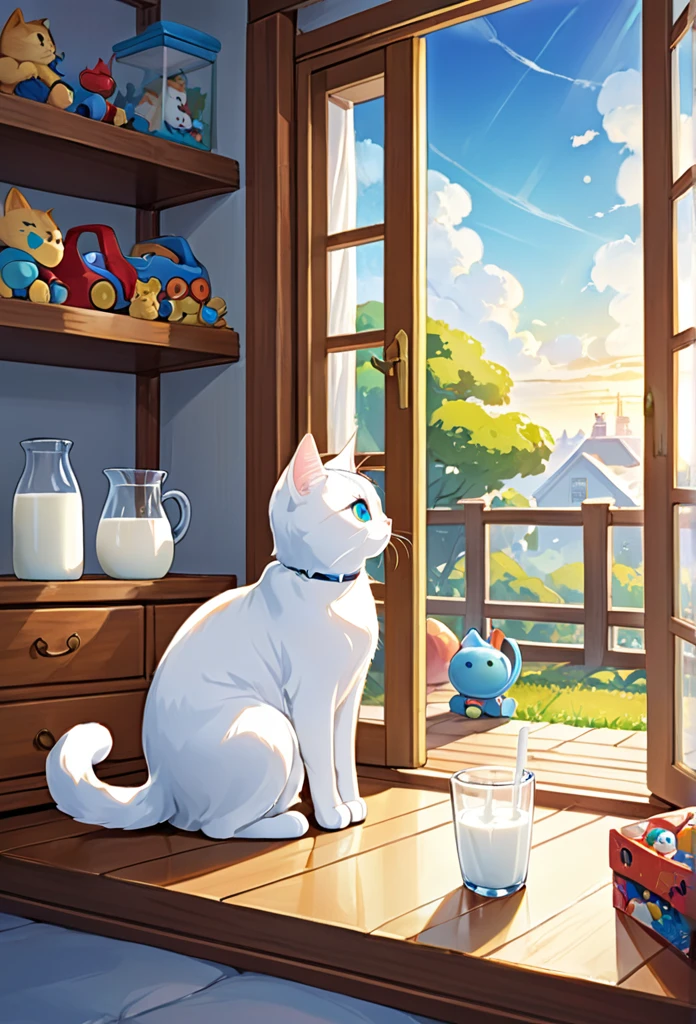 Milk, the white cat, discovers a new world at home despite battling illnesilk sits by the window、He is interested in the scenery outside and the toys his owner brings him.。In a warm room、Please draw Milk as he slowly regains his strength and discovers new joys.。