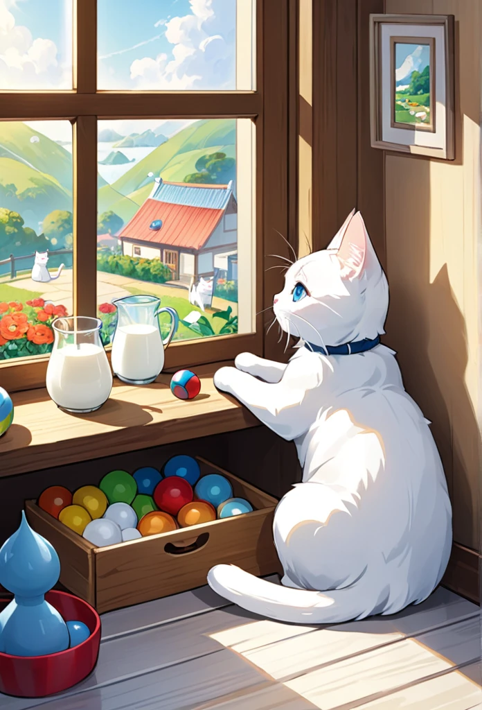Milk, the white cat, discovers a new world at home despite battling illnesilk sits by the window、He is interested in the scenery outside and the toys his owner brings him.。In a warm room、Please draw Milk as he slowly regains his strength and discovers new joys.。