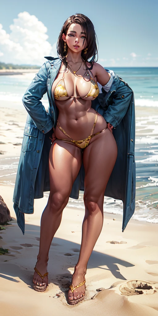 a mature woman with tanned skin, beautiful detailed eyes, beautiful detailed lips, wearing a golden chained bikini and flip flops, thick hips and ass, big butt, brunette hair, old money style, milf at beach, feet in flip flops (best quality,4k,8k,highres,masterpiece:1.2),ultra-detailed,(realistic,photorealistic,photo-realistic:1.37)