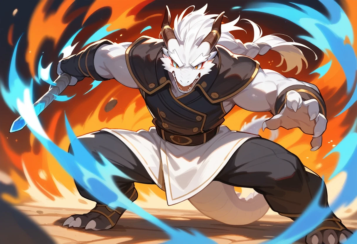 top quality, high-quality illustrations((masterpiece))depth of field, motion blur, absurdres, Perfect Anatomy, magnificent picture of kemono fighting fierce battles, kemono, 1boy, solo focus, Anthro((dramatic))epic, weapon, dynamic pose, One scene of movie,FURRY,dragon