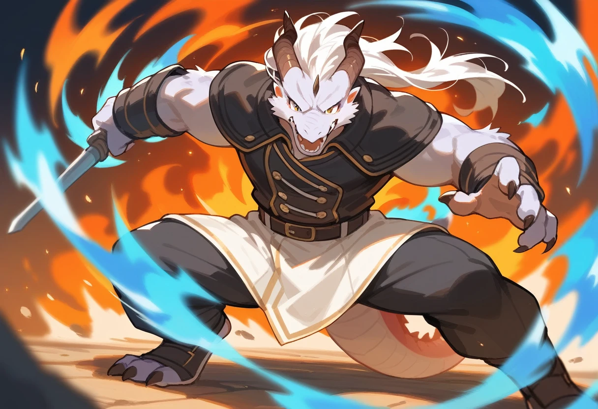 top quality, high-quality illustrations((masterpiece))depth of field, motion blur, absurdres, Perfect Anatomy, magnificent picture of kemono fighting fierce battles, kemono, 1boy, solo focus, Anthro((dramatic))epic, weapon, dynamic pose, One scene of movie,FURRY，dragon