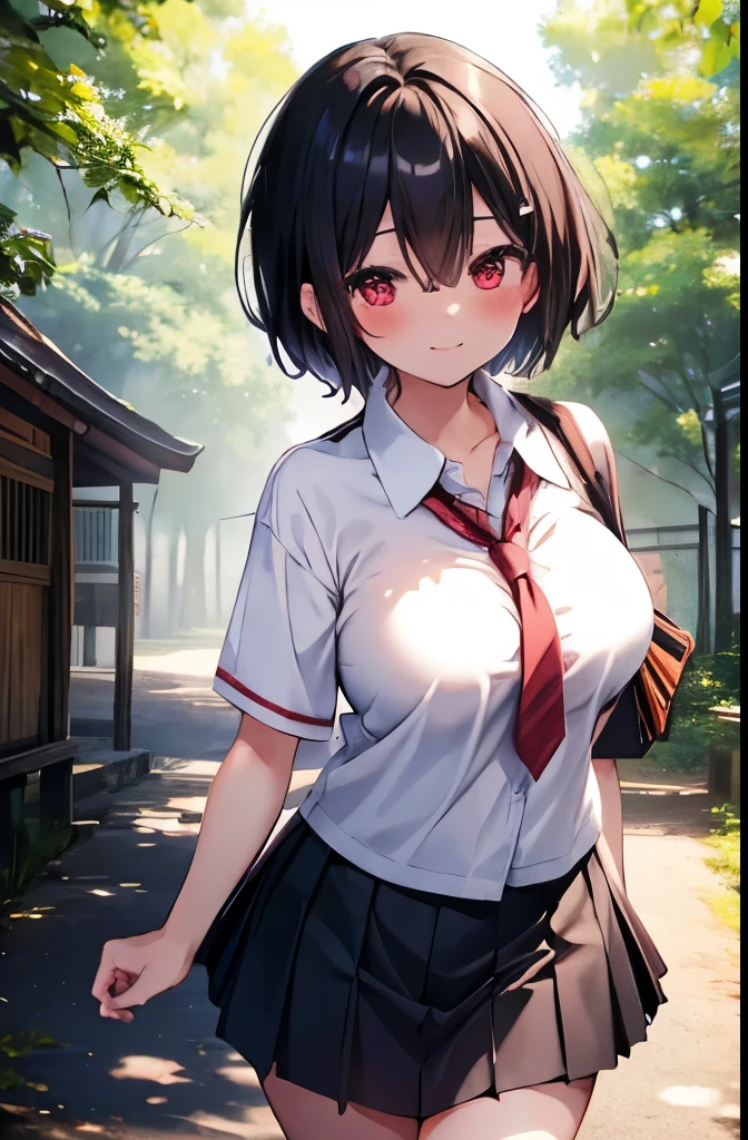 forest,shrine,Eyes half closed,walk,Red eyes,high school girl,short hair,boyish,Black Hair,blush,summer,mini skirt,White skin,summer,shy,Cowboy Shot,View your audience,smile,Big Breasts
