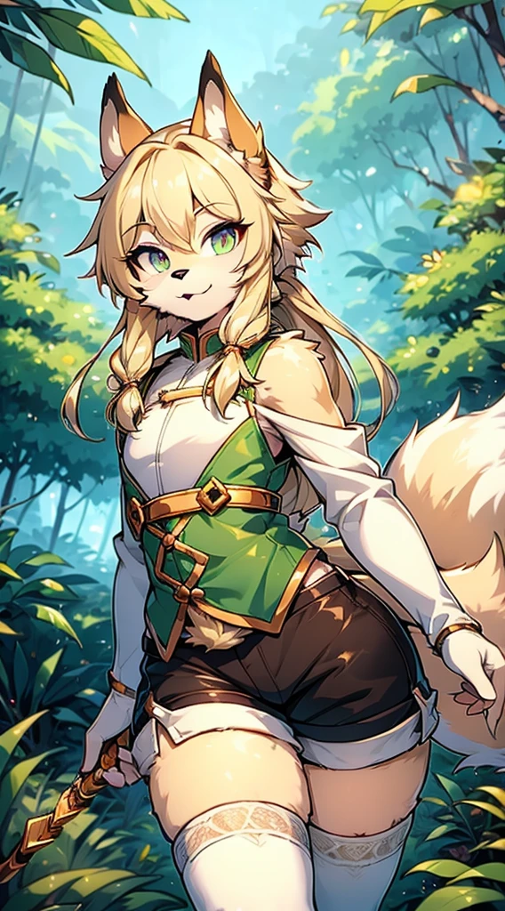 Wolf Boy，Wolf-eared boy，Archer Boy，Smile，cute，Tail，狼Tail，金色Tail，Hunter Junior，furry，furry，hairy，Blonde hair all over，Golden fur，Golden fur，Green Archer Costume，quiver，背着quiver，Long hair，blond，hunter costume，hunter costume，furry，White silk knee socks，White knee socks，White lace over-the-knee socks，Shorts Leather Shorts，Big Ass，Pseudo-sissy ass，femboy，绿色hunter costume，Forest Background，Jungle Background，Outdoor Background