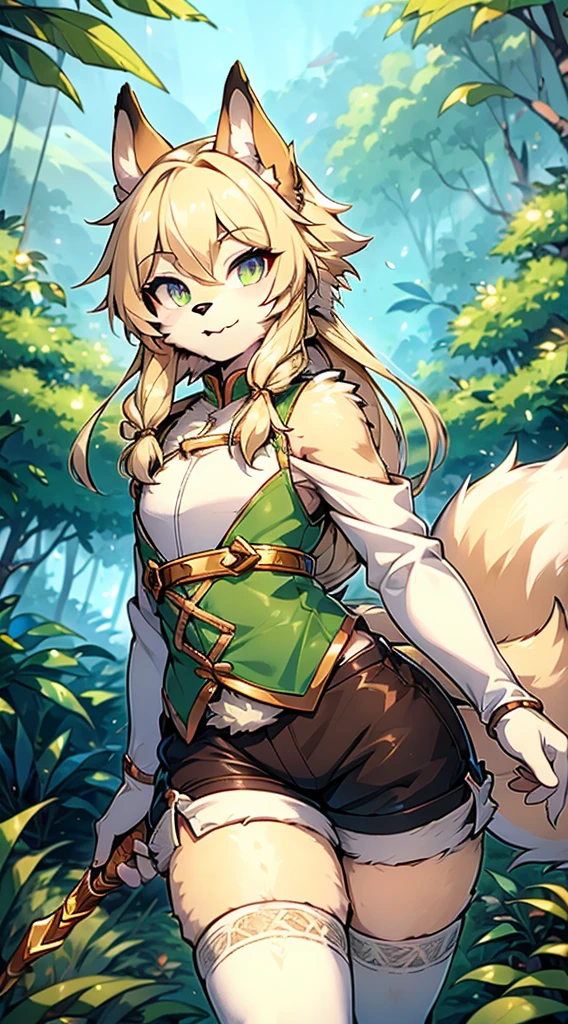 Wolf Boy,Wolf-eared boy,Archer Boy,Smile,cute,Tail,狼Tail,金色Tail,Hunter Junior,furry,furry,hairy,Blonde hair all over,Golden fur,Golden fur,Green Archer Costume,quiver,背着quiver,Long hair,blond,hunter costume,hunter costume,furry,White silk knee socks,White knee socks,White lace over-the-knee socks,Shorts Leather Shorts,Big Ass,Pseudo-sissy ass,femboy,绿色hunter costume,Forest Background,Jungle Background,Outdoor Background