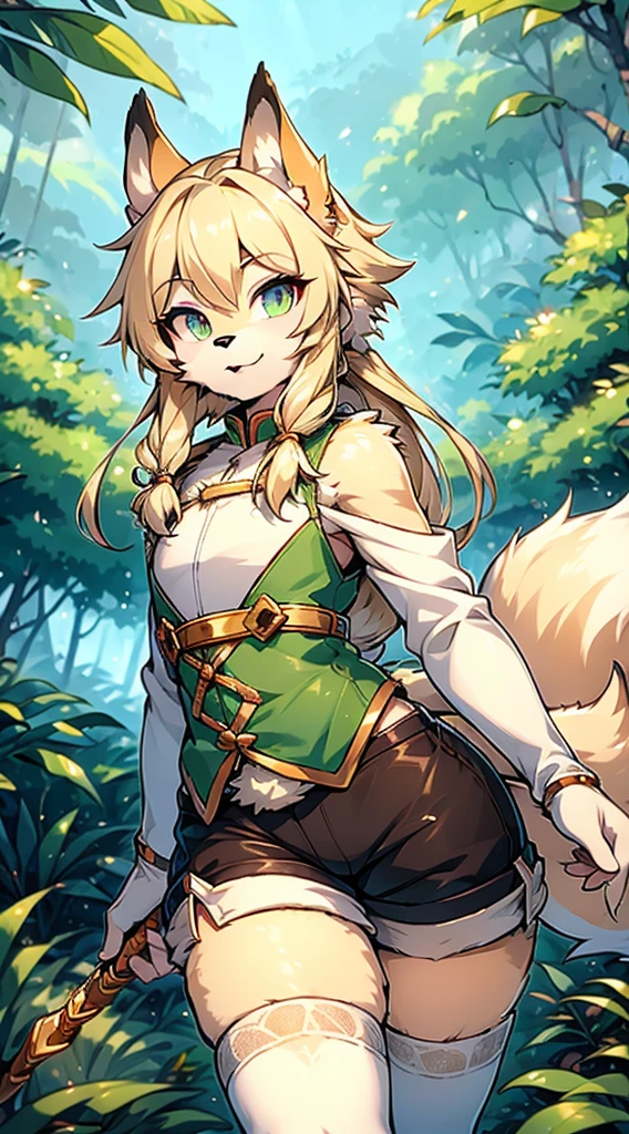 Wolf Boy,Wolf-eared boy,Archer Boy,Smile,cute,Tail,狼Tail,金色Tail,Hunter Junior,furry,furry,hairy,Blonde hair all over,Golden fur,Golden fur,Green Archer Costume,quiver,背着quiver,Long hair,blond,hunter costume,hunter costume,furry,White silk knee socks,White knee socks,White lace over-the-knee socks,Shorts Leather Shorts,Big Ass,Pseudo-sissy ass,femboy,绿色hunter costume,Forest Background,Jungle Background,Outdoor Background