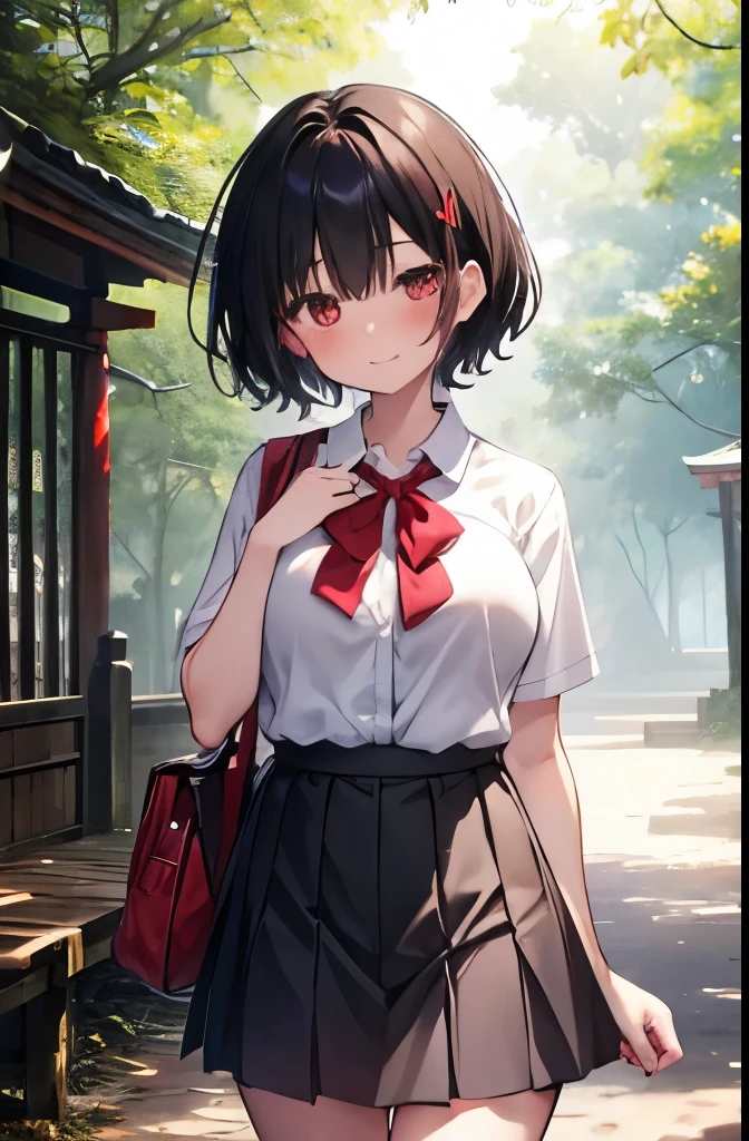 forest,shrine,Eyes half closed,walk,Red eyes,high school girl,short hair,boyish,Black Hair,blush,summer,mini skirt,White skin,summer,shy,Cowboy Shot,View your audience,smile,Big Breasts