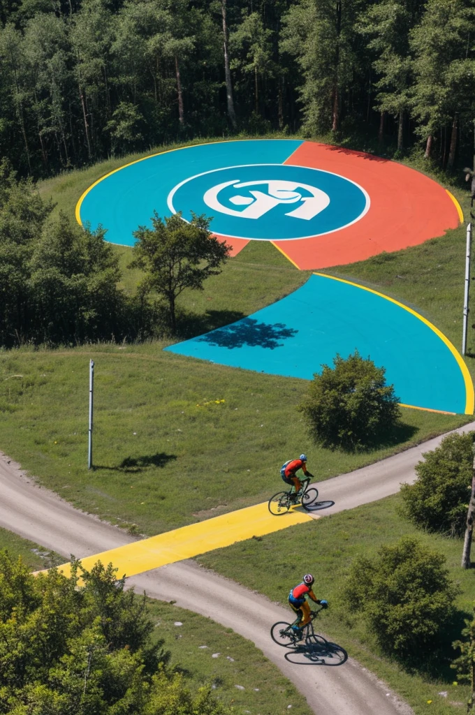 Logo for mountaineering cycle crossing in a circular shape with fluorescent colors with a cyclist in a colorful uniform going along a path in the forest and on it there is a jaguar, a black bear and a deer