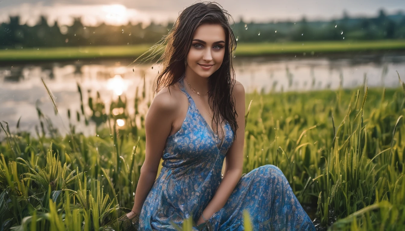 Rainy spring, beautiful 25 year old girl in wet short dress in beautiful field, ultra detailed, ultra real, Instagram model girl in wet dress in field, beautiful eyes, piercing smiling eyes, perfect body