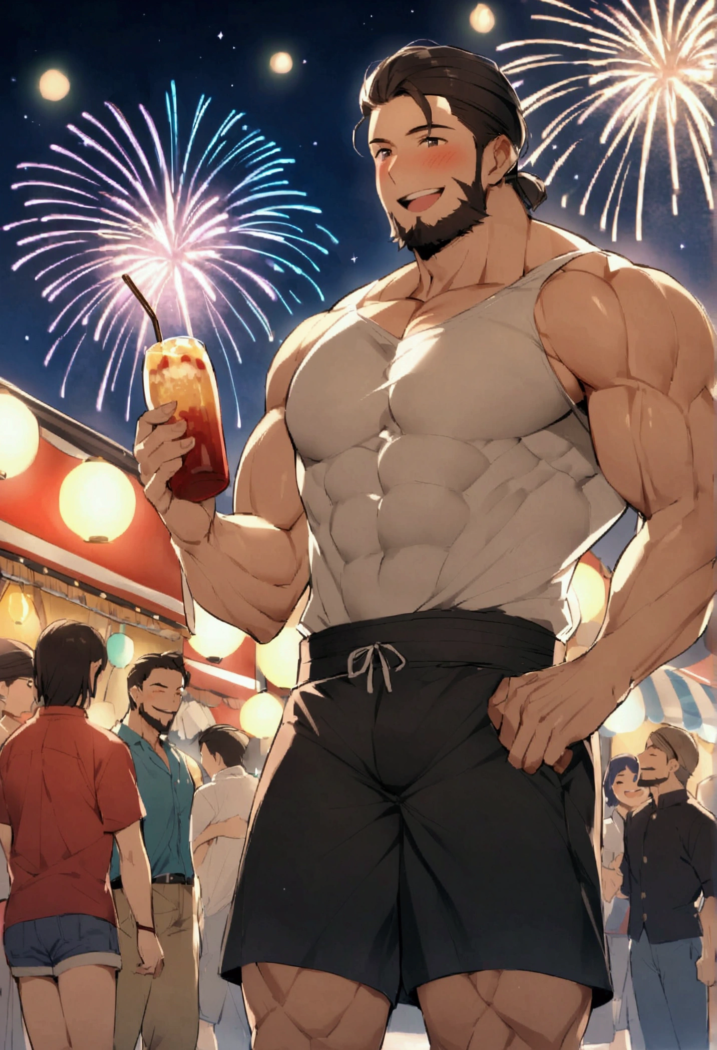 Muscular Physique、male、40s、Bearded、Summer festival、Night Sky、firework、smile、blush