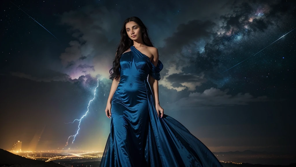 Background: a realm where galaxies collide and celestial clouds swirl. A glow from a thousand cosmic furnaces.
Foreground: a beautiful woman is standing, looking directly at the camera, divine, regal, celestial in appearance. She has long, flowing, dark hair, wide eyes, wearing a long sheer blue gown, blue gown, blue gown cut low in the front and cut up the side to her hip. Add bright, contrasting swirls of yellow, red, purple and green. Add lots of bright, contrasting colors.