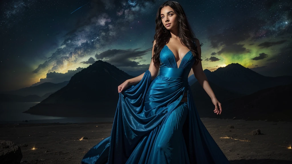 Background: a realm where galaxies collide and celestial clouds swirl. A glow from a thousand cosmic furnaces.
Foreground: a beautiful woman is standing, looking directly at the camera, divine, regal, celestial in appearance. She has long, flowing, dark hair, wide eyes, wearing a long sheer blue gown, blue gown, blue gown cut low in the front and cut up the side to her hip. Add bright, contrasting swirls of yellow, red, purple and green. Add lots of bright, contrasting colors.