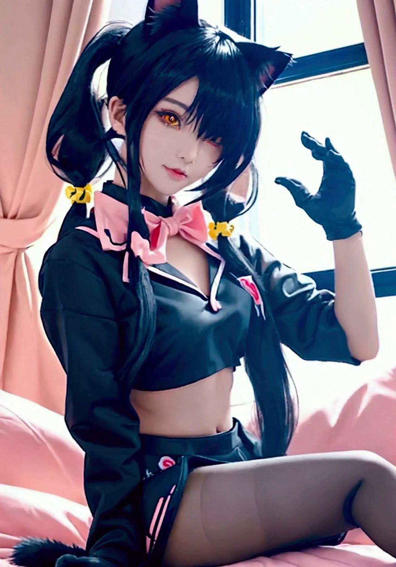 ultra-detailed, highly detailed, best quality, masterpiece, illustration, anime-style character dressed in a cat-themed outfit. The character has black hair tied into twin ponytails, with cat ears and a bell collar. One eye is yellow, and the other is red. She is wearing a black crop top with a pink cat design and matching black underwear with pink accents. The character also has cat paw gloves and a tail. The setting appears to be a brightly lit room with a bed and blue curtains in the background.
