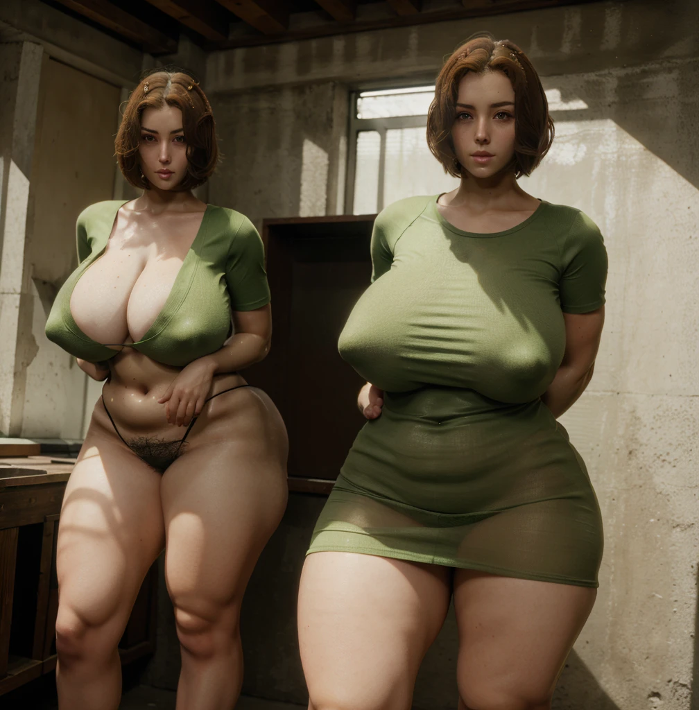 thicc ,full body, green t shirt,huge breast, brown hair, short hair, red eyes , 1 girl, see through cloth, (masterpice)