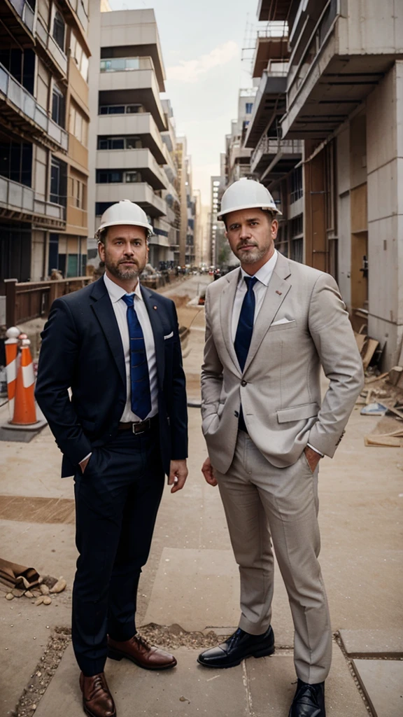 1 white men. age around 45-50 years. one with little beard other without beard. In suits with tie. looking directly at camera. photo only till belt. with construction helmet. at construction site. with big pipes at background.
