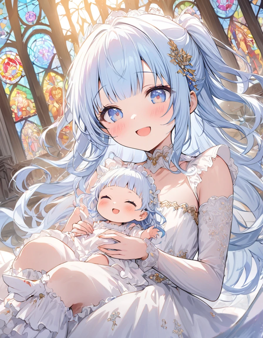 masterpiece, best quality, extremely detailed, (illustration, official art:1.1), 1 girl ,(((( light blue long hair)))), ,(((( light blue long hair)))),light blue hair , , long hair ((blush)) , cute face, big eyes, masterpiece, best quality,(((((a very delicate and beautiful girl))))),Amazing,beautiful detailed eyes,blunt bangs(((( little delicate girl)))),tareme(true beautiful:1.2), sense of depth,dynamic angle,,,, affectionate smile, (true beautiful:1.2),,(tiny 1girl model:1.2),)(flat chest) ,nijijourneywaterpainting, a baby toddler angel have wine, cathedral --niji 6ChromaFT_v3(best quality), (beautiful detailed eyes), (ultra-detailed), (finely detail), (highres), (baby:1.2), (toddler:1.5), (chibi:1.2), (happy:1.2), angel have wine, cathedral, (stained glass:1.3), (gold decorated:1.2), (scattered gems:1.2), (wine:1.2)
