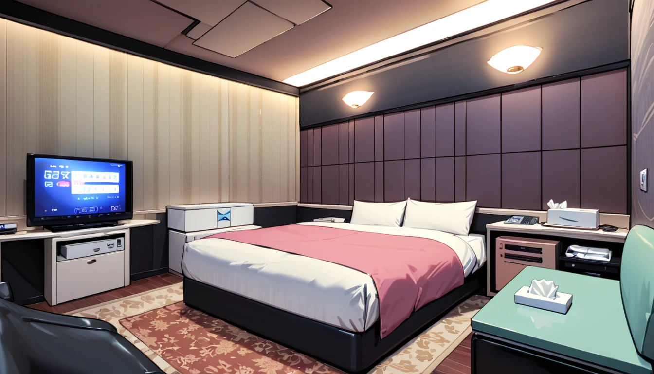 masterpiece, Highest quality, so beautiful, Absurd,
Love Hotel, LHbedpanel, scenery, bed, indoor, lamp, sofa, table, rug, bedroom, tv set, pillow, Telephone, tissue box, box, night,
