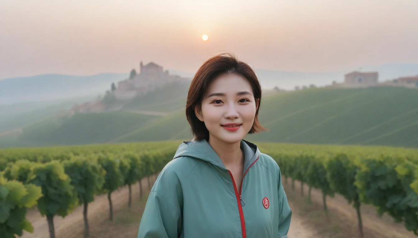 8k realistic, lifelike photo,, 36 year old Korean woman, Short in stature, pretty like a model. High-end luxury brand windbreaker, casual pants, short medium hair, Smiley, Italy. vineyard, thick dawn fog. vineyard 멀리 짙은 안개 속으로 마을이 보인다. 1 woman, Short in stature, Excellent picture quality, The morning fog is thick, The picture quality is alive. 옆면 look up, sunrise red light, A monastery can be seen in the distance, . Smiley, Wide angle lens close-up shot, look up, standing on the path