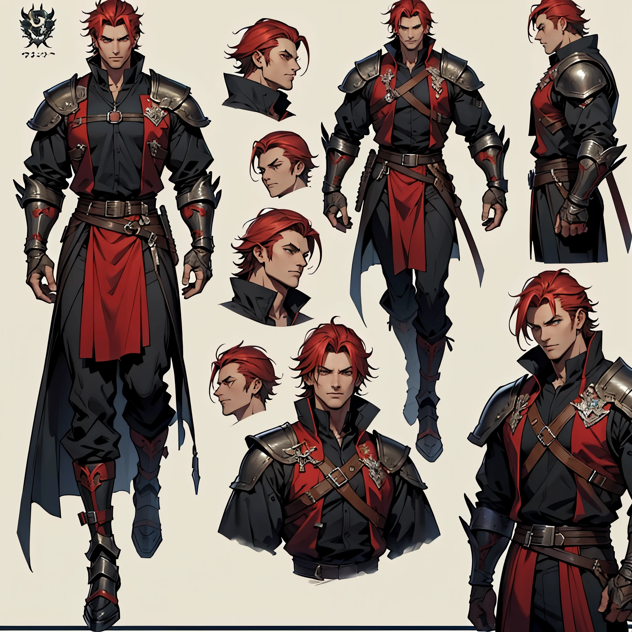 Tall man, barbarian man, black and red clothes
((character concept art)), ((Character design sheet, same character, on front, from on the side, At the back))
Character image, Video game character design, Video game character design,
hair color: black and long
Age: youth, eyecolor: Heterochromia: One eye is golden , the other is brown,
tall men, muscle, skin with scars
He wears gloves on his hands,
Armor black and red, Great helmo of a taurus, representing streight
ConceptArt, belt buckle at the waist, medieval dark style weapons,