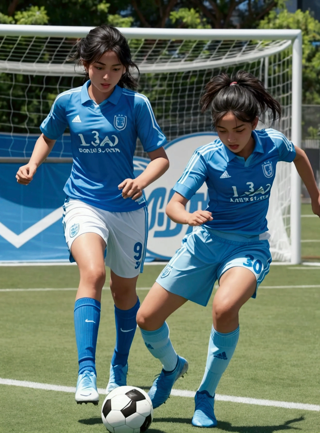 Players winning the semifinal and advancing to the final with a light blue soccer uniform and with letters that say let's go cala fc