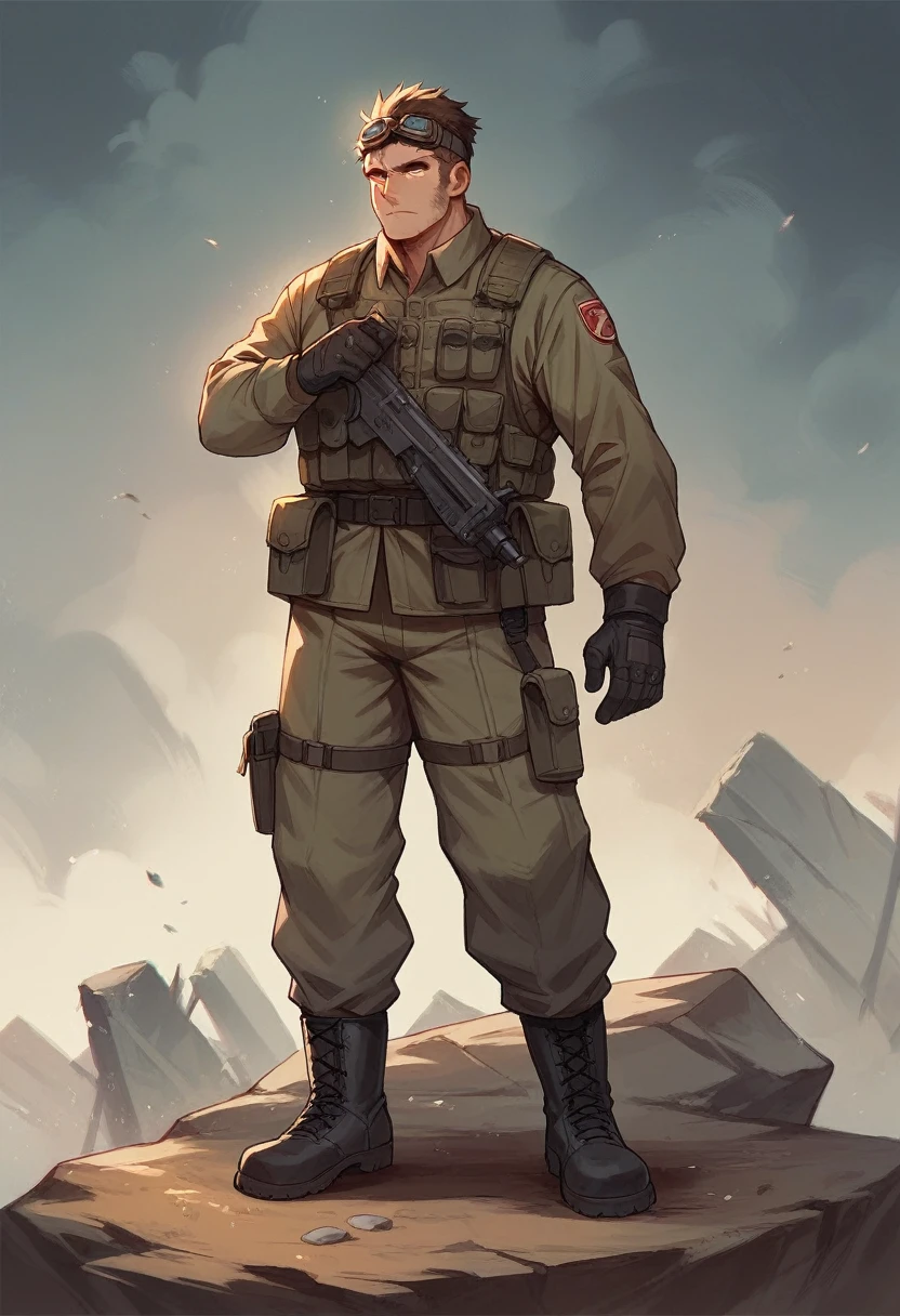 Human Male Adult  , hair Style , goggles on head  ,soldier outfit , Apocalypse armo ,Full body, boots 