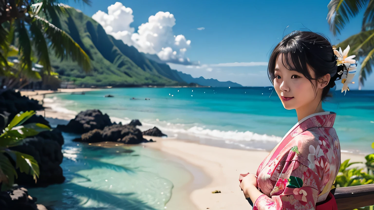 Hawaiian scenery and a woman wearing a kimono。Sexy and charming。Cute