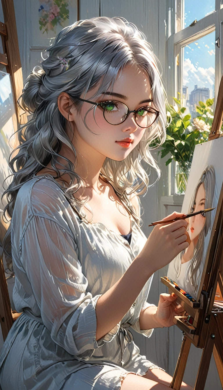 1girl, long curvy messy silver hair, green eyes, sitting on a stool in front of a easel, artists portrait, detailed face, wearing glasses, (beautiful face), art student, portrait, ((blank canvas)), model painting, the artist, white wooden wall, vibrant sunlight, glass window, (illustration, 8k, super details, award winning, high res, masterpiece)