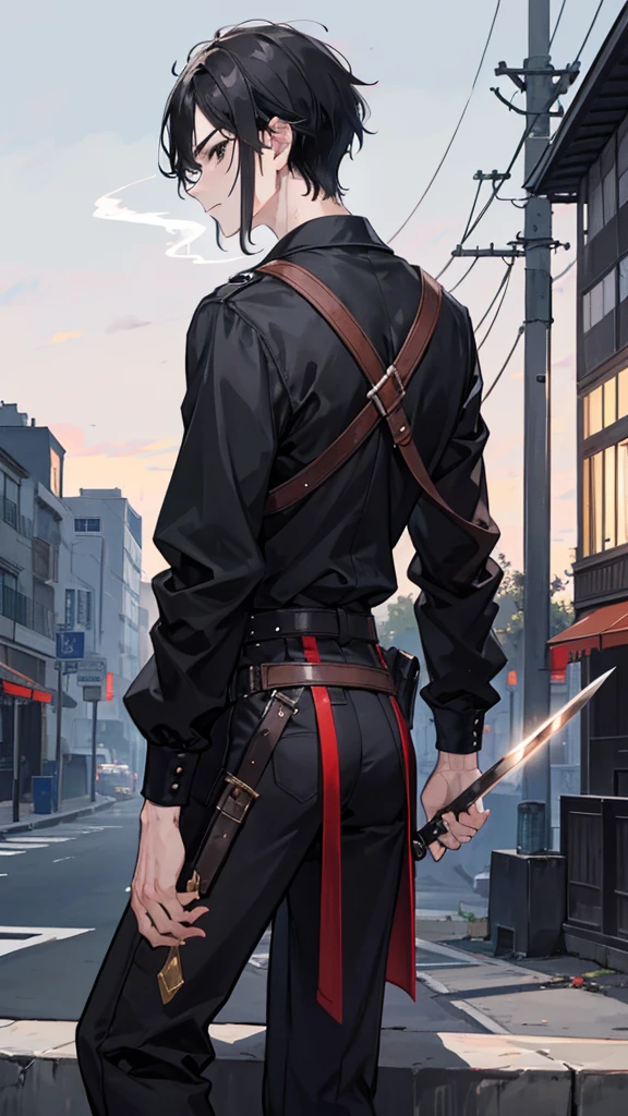 A man with black hair and black eyes and a large sword slung across his back. He was sitting in the middle of the night smoking a cigarette in public.
